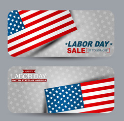 Labor Day sale banner set. Advertisement campaign design with USA nationa flag. Vector illustration.