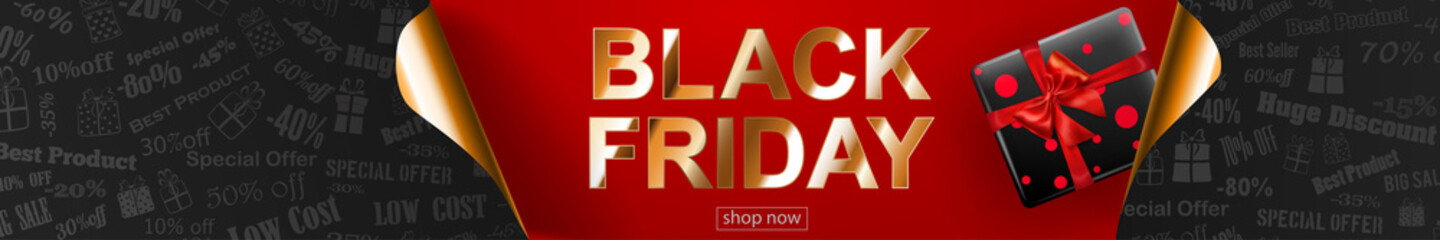 Black Friday sale banner in red, black and golden colors. Inscription and gift box on dark background. Curled paper corners. Vector illustration for posters, flyers, cards
