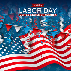 Labor Day background with American national flag and bunting decoration. Shopping offer flyer or poster. Vector illustration.