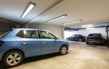 Car garage interior in a building