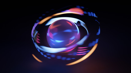 Glowing particles around a sphere. Swirl light movement. Motion blur effect. 3d Illustration