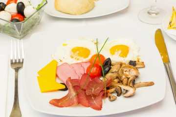 Hotel breakfast served on a table