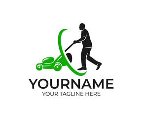 Lawnmower man and lawnmower, logo design. Landscape design and gardening, vector design and  illustration