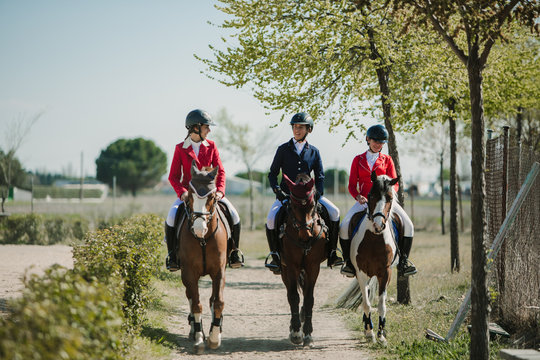 Row of teen women riding horses in row strolling down roadway in sunlight