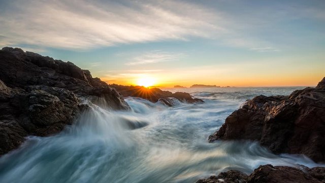 Beautiful landscape view on the rocky coast of Vancouver Island, BC, Canada. Picture taken during a cloudy winter sunrise. Still Image Cinemagraph Animation