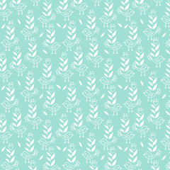 Cute seamless floral pattern with birds on blue background.