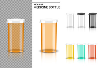 Bottle 3D Mock up Realistic Medicine transparent Amber Packaging for Capsule and vitamin pill. Healthy Product on white Background Illustration