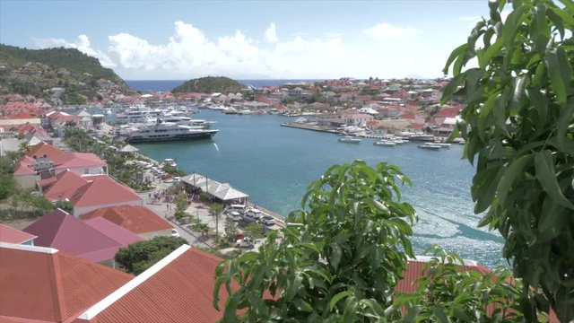 Elevated shot of town and harbour, Gustavia, St. Barthelemy (St. Barts) (St. Barth), West Indies, Caribbean, Central America