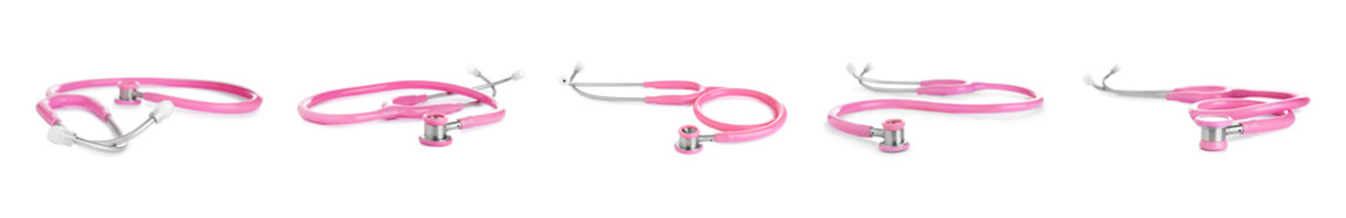 Set of pink stethoscopes on white background. Medical device