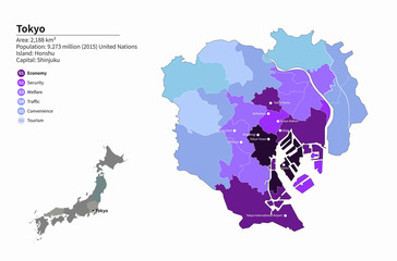 Obraz premium graphic vector map of asia countries. japan city map. tokyo map.