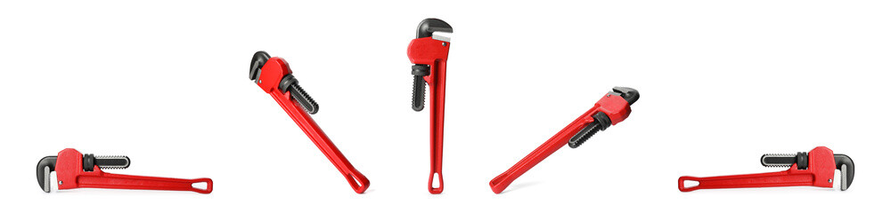 Set of pipe wrenches on white background. Construction tools