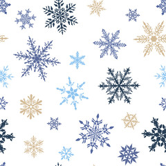 Christmas seamless pattern of complex big and small snowflakes in blue and brown colors on white background