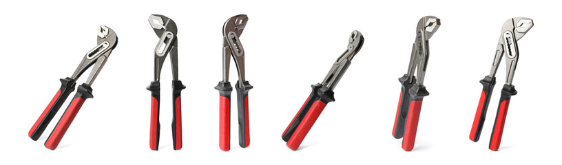 Set of adjustable pliers on white background. Construction tools