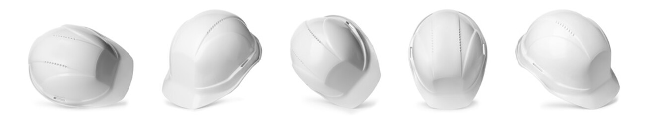 Set of protective hardhats on white background. Banner design
