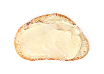 Slice of bread with butter isolated on white, top view