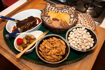 Hors doeuvres snack tray with crackers, nuts, olives and cheese. St Paul Minnesota MN USA