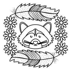 cute raccoon with feathers and flower frame bohemian style