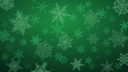 Christmas background with various complex big and small snowflakes in green colors © Olga Moonlight
