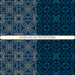 Seamless vector patterns with beige and blue ornament elements on a dark blue background. Oriental, arabic, damask pattern. pattern for mosaic tiles. Design for textiles, furniture, packaging