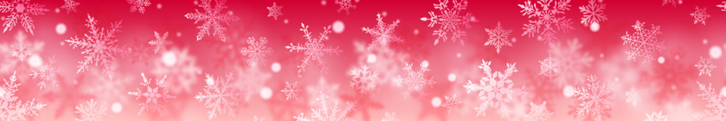 Fototapeta na wymiar Christmas banner of complex blurred and clear snowflakes in white colors on red background. With horizontal repetition