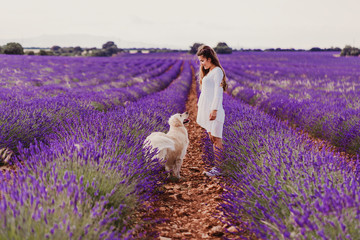beautiful woman with her golden retriever dog in lavender fields at sunset. Pets outdoors and lifestyle.