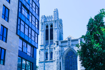 City building view of church in downtown, Montreal