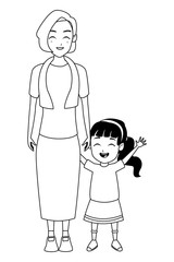 Family grandmother with grandchildren cartoon in black and white