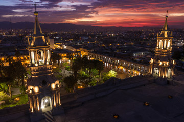Obraz premium Aerial night view of Arequipa main square and cathedral church, in Peru