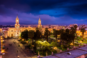 Aerial night view of Arequipa main square and cathedral church, in Peru