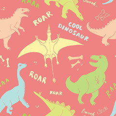 Dino Seamless Pattern, Cute Cartoon Hand Drawn Dinosaurs Doodles Vector Illustration