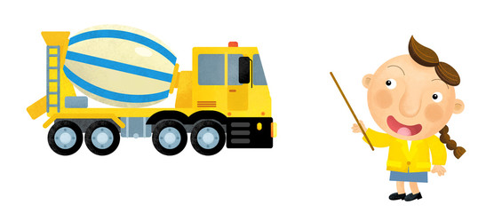 cartoon scene with girl child showing concrete mixer car and teaching on white background illustration for children