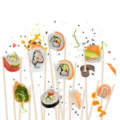 sushi rolls with wooden chopsticks on white background