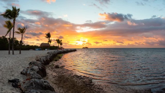 Dramatic cloudy sunrise viewed on a tropical sandy beach at the Atlantic Ocean Shore. Plantation Key, Florida Keys, Florida, United States. Still Image Continuous Animation