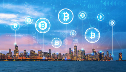 Bitcoin theme with downtown Chicago cityscape skyline with Lake Michigan