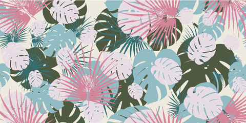  Tropical pink monstera seamless vector pattern background. Exotic wallpaper