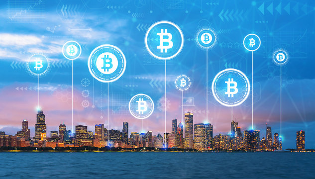 Bitcoin theme with downtown Chicago cityscape skyline with Lake Michigan