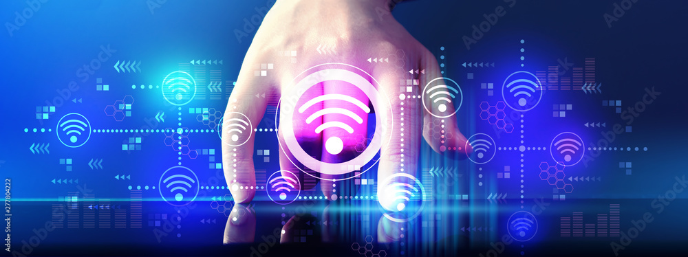 Poster wifi concept with hand pressing tablet computer screen