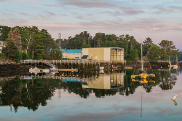 Boothbay Harbor Marina, Maine, at sunrise in soft beautiful quiet light on Independence Day