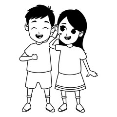 Kids friends playing and smiling cartoons in black and white