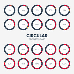 Collection of circular futuristic progress loading bar and buffering percentage