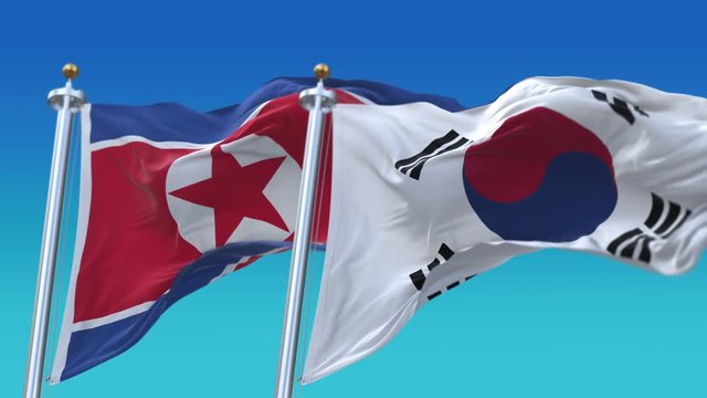 4k Seamless North Korea and Republic of Korea Flags with blue sky background;A fully digital rendering;The animation loops at 20 seconds;PRK KP KOR KR.