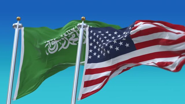4k Seamless United States of America And Saudi Arabia Flags with blue sky background;A fully digKSAl rendering;The flag 3D animation loops at 20 seconds;USA KSA.