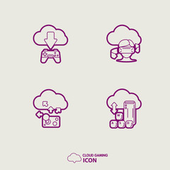 Vector icon set. cloud gaming concept icons. concept icons. direct playability of to end users of games across various devices.