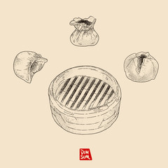 Vector illustration sketch - Dim Sum. Boiled dumpling. Steamed dumpling. BBQ Pork Bun. Vintage design. Illustration used by dots and lines, easy using on the different background.