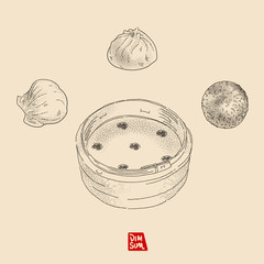 Vector illustration sketch - Dim Sum (Yum Cha). Include (Shrimp dumpling / Soup dumpling / Rice sesame ball) Vintage design. used by dots and lines, easy using on the different background.
