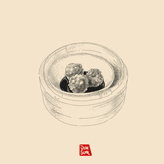 Vector illustration sketch. Dim Sum. Steamed meatballs. Hand drawn with vintage style.