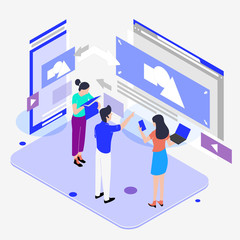 Vector Concept illustration. team on responsive web design communication.. team work on UI design, web responsive design communication.