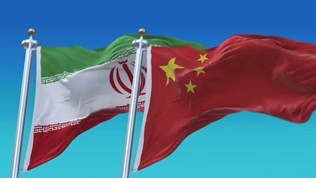4k Seamless Iran and China Flags with blue sky background;A fully digital rendering;The animation loops at 20 seconds;IRI IR CHN CN.