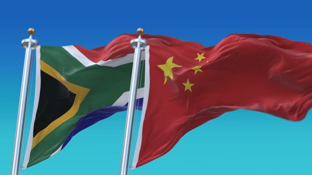 4k Seamless South Africa and China Flags with blue sky background;A fully digital rendering;The animation loops at 20 seconds;ZA CHN CN.
