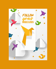 Origami cut dove paper birds and clouds vector illustration. Paper origami crafted world. Cutout made template with colorful symbol of peace. Landscape for banner, card, poster.